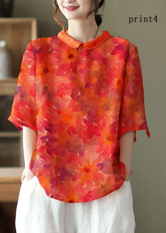 Diy Orange Print3 Ramie Half Sleeve Shirt Summer