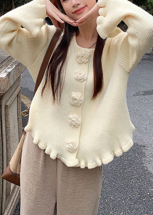 Beige Cozy Knit Sweater O Neck Flare Sleeve