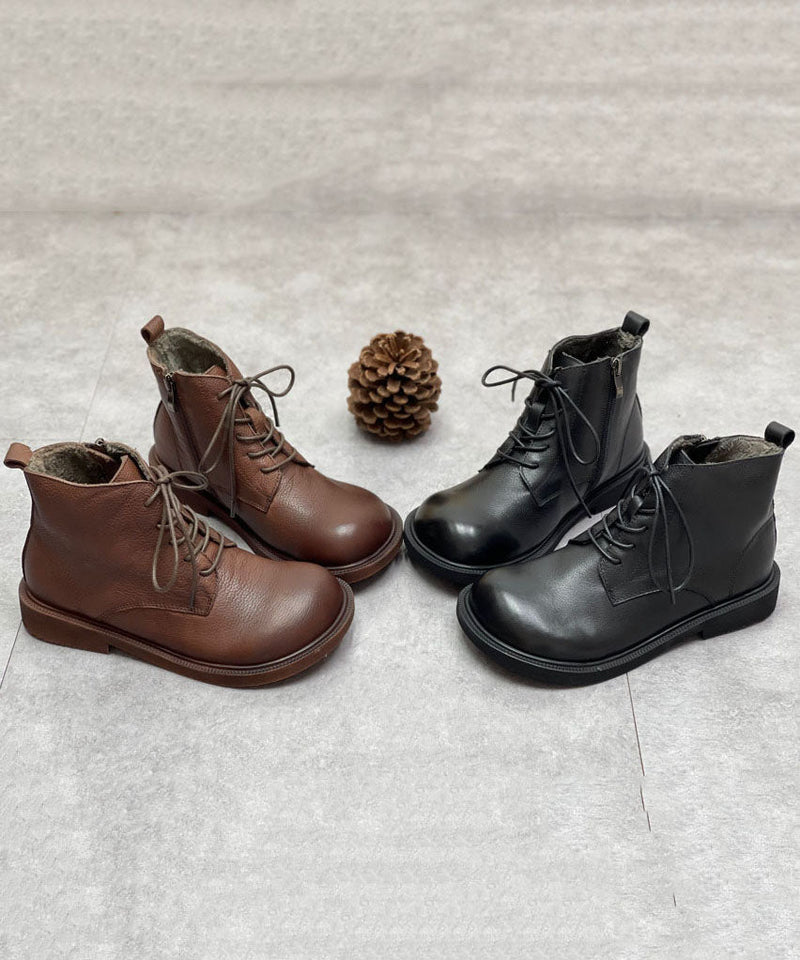 Chocolate Boots Cowhide Leather Warm Fleece Lace Up Boots