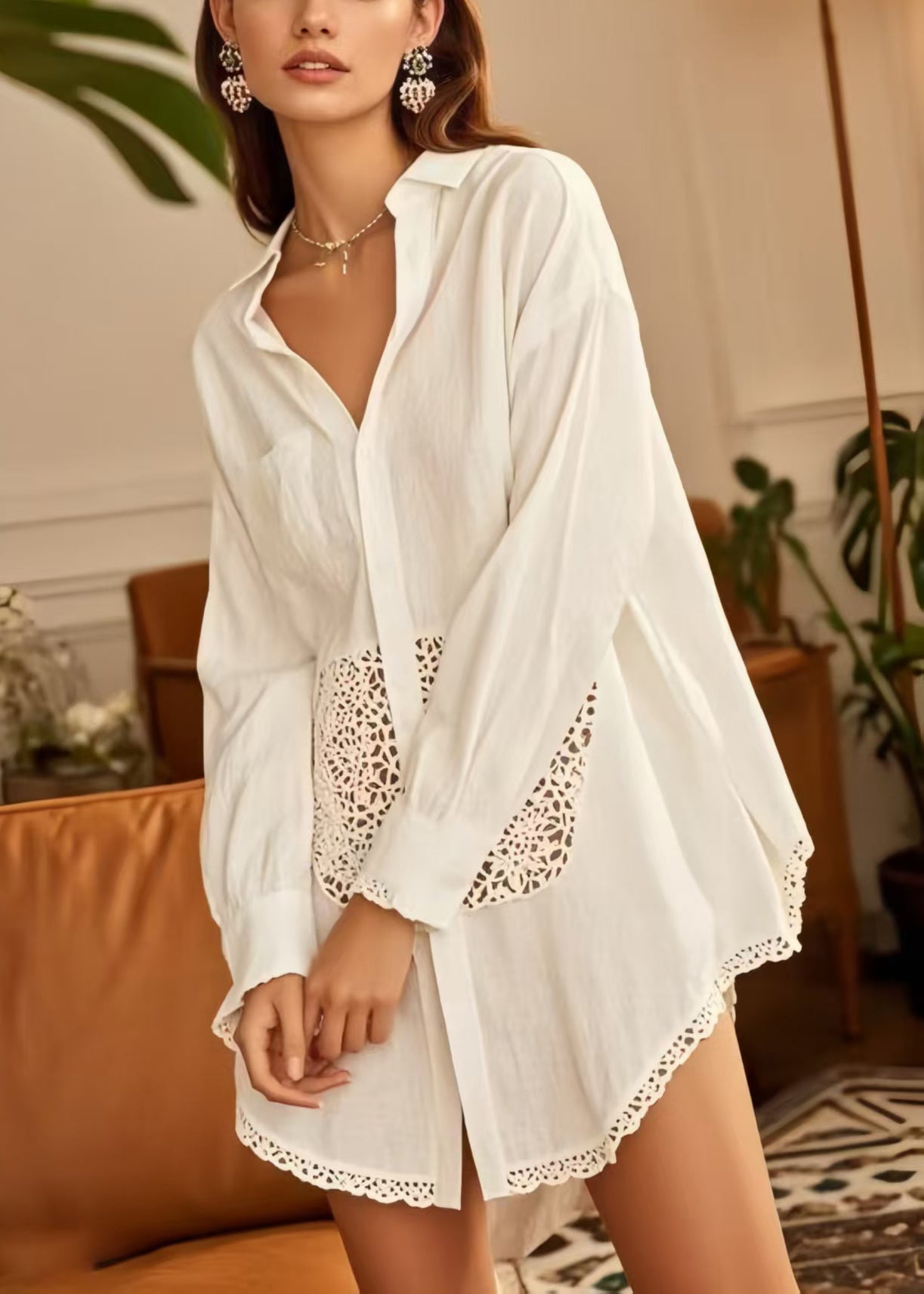 Simple White Oversized Patchwork Cotton Top Spring