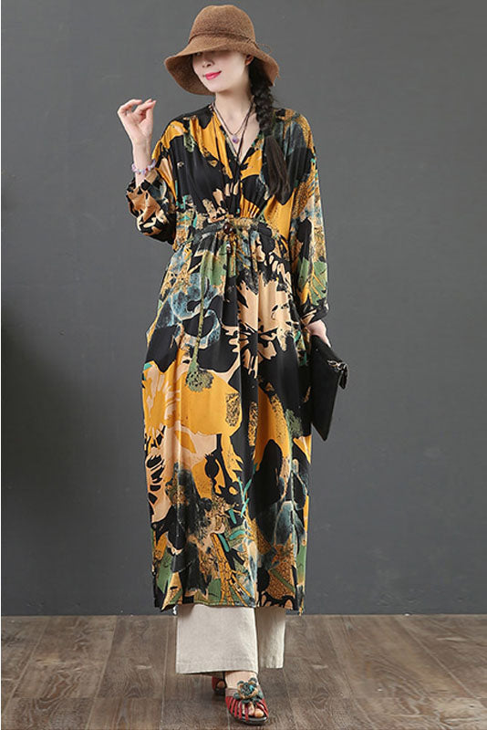 -spring New Cotton Linen Dress Yellow Print Long Dress