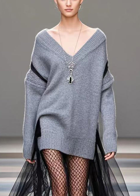 Diy Grey Oversized Patchwork Tulle Warm Sweater Dress Winter