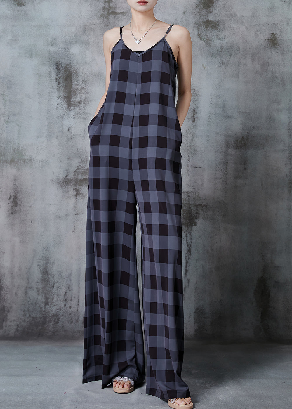 Dull Grey Oversized Plaid Chiffon Jumpsuits Summer