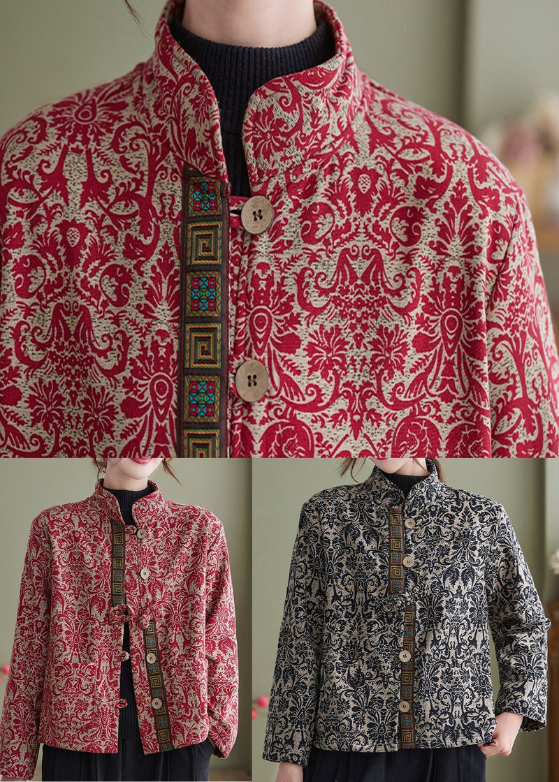 Red Print Pockets Cotton Filled Parka Winter