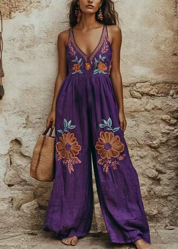Purple Print Wrinkled Wide Leg Jumpsuit Summer