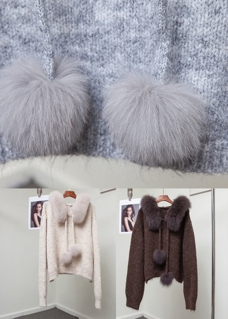 Milk Tea Color Fuzzy Ball Decorated Cozy Knit Sweater Hooded Winter