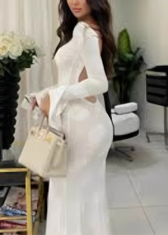 White O Neck Backless Lace Up Silk Dress Flare Sleeve