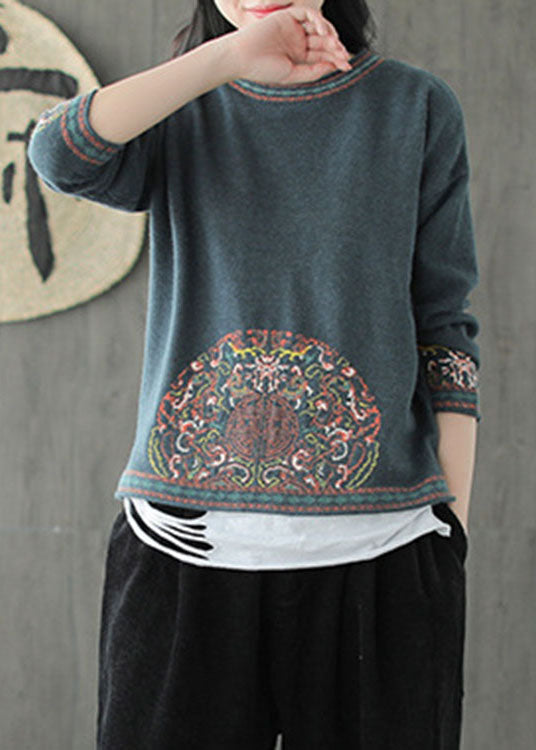 Blue Green O-neck Jacquard Fall Knit Sweater