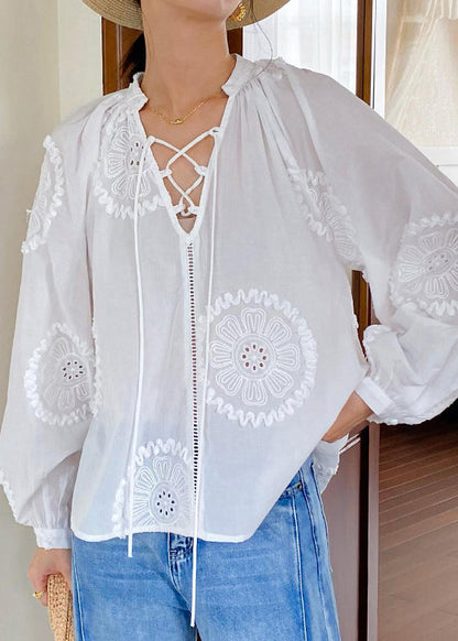 White Embroidered Hollow Out Lace Up Cotton Blouses Spring