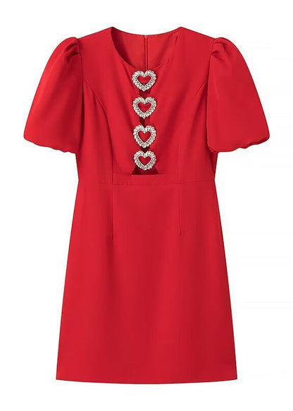 New Red O Neck Heart Decorated Cotton Short Dresses Summer