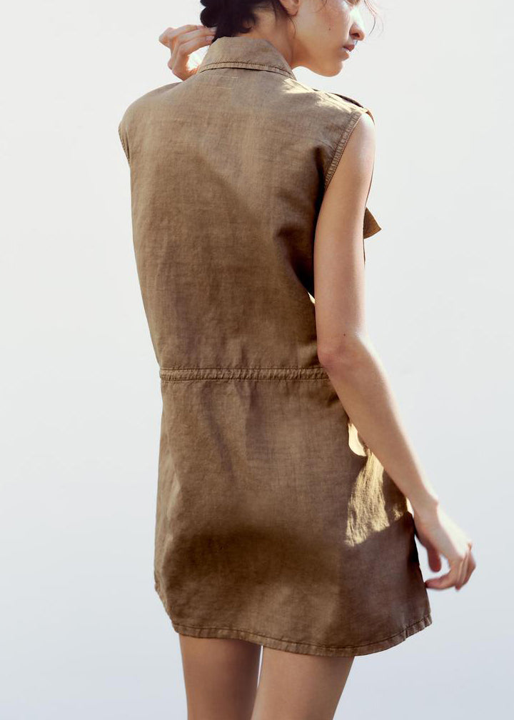 Tan Peter Pan Collar Button Cotton Mid Dress Sleeveless