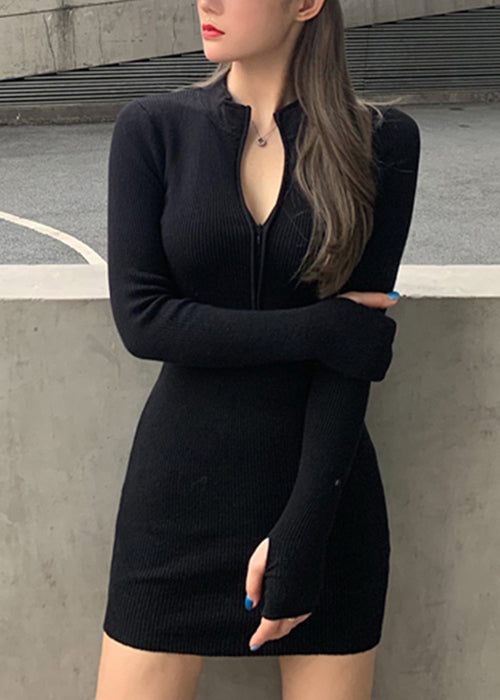 Slim Fit Black Zip Up Knit Mid Dress Spring