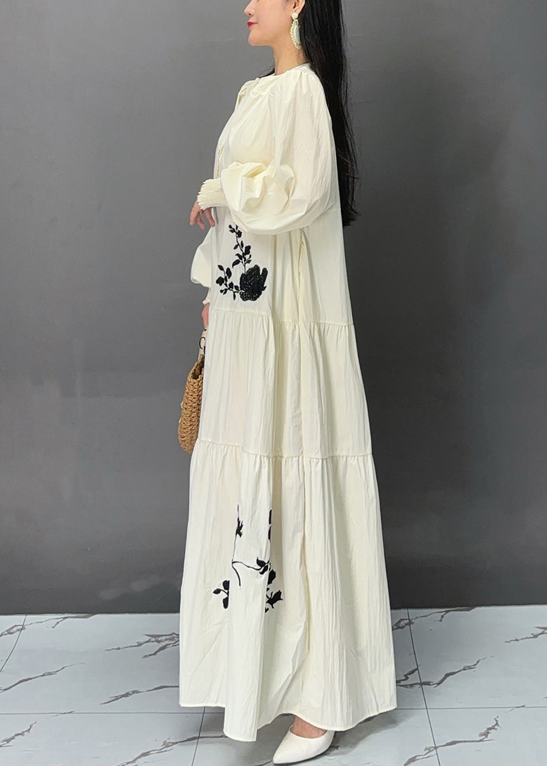 Beige Button Print Pockets Cotton Dresses Fall