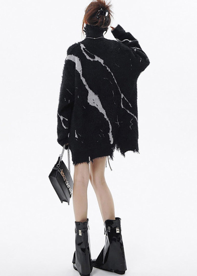 Black High Neck Print Ripped Long Sweater Winter