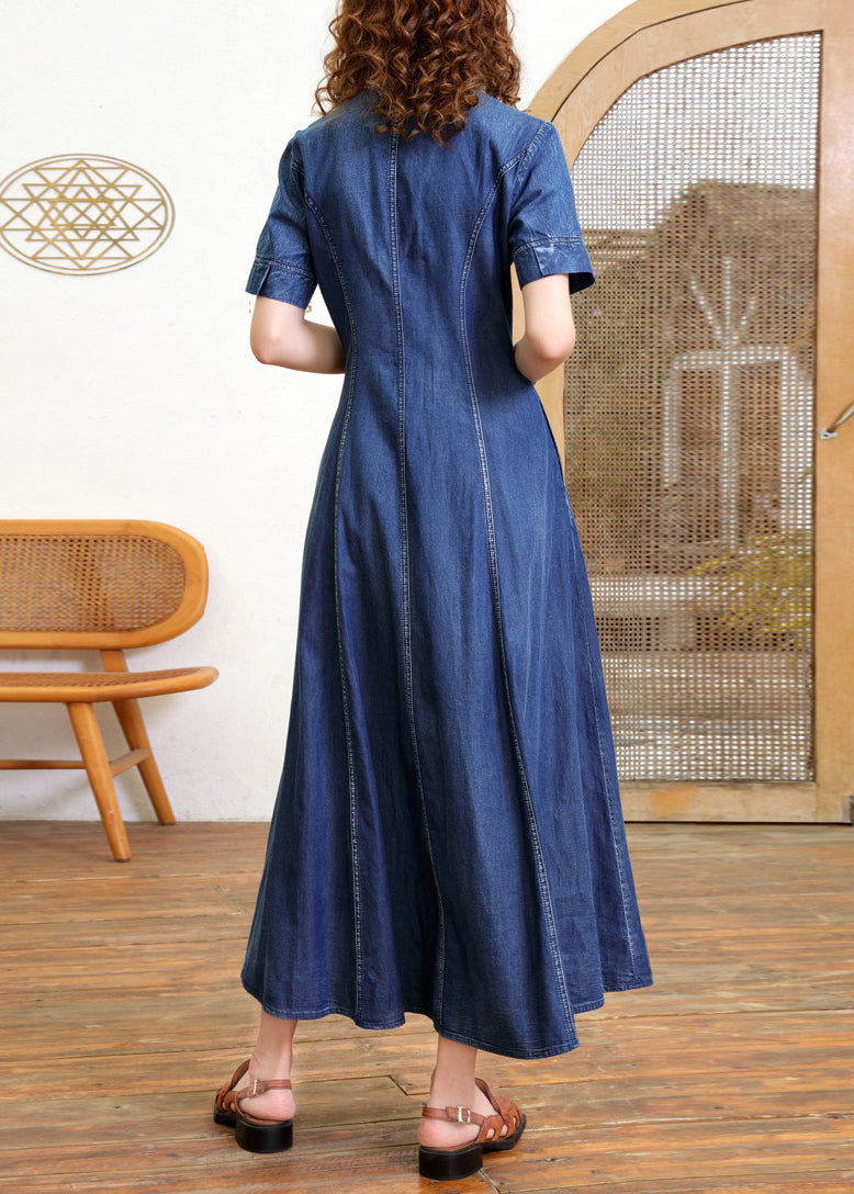 Blue Peter Pan Collar Patchwork Button Long Denim Dress Short Sleeve