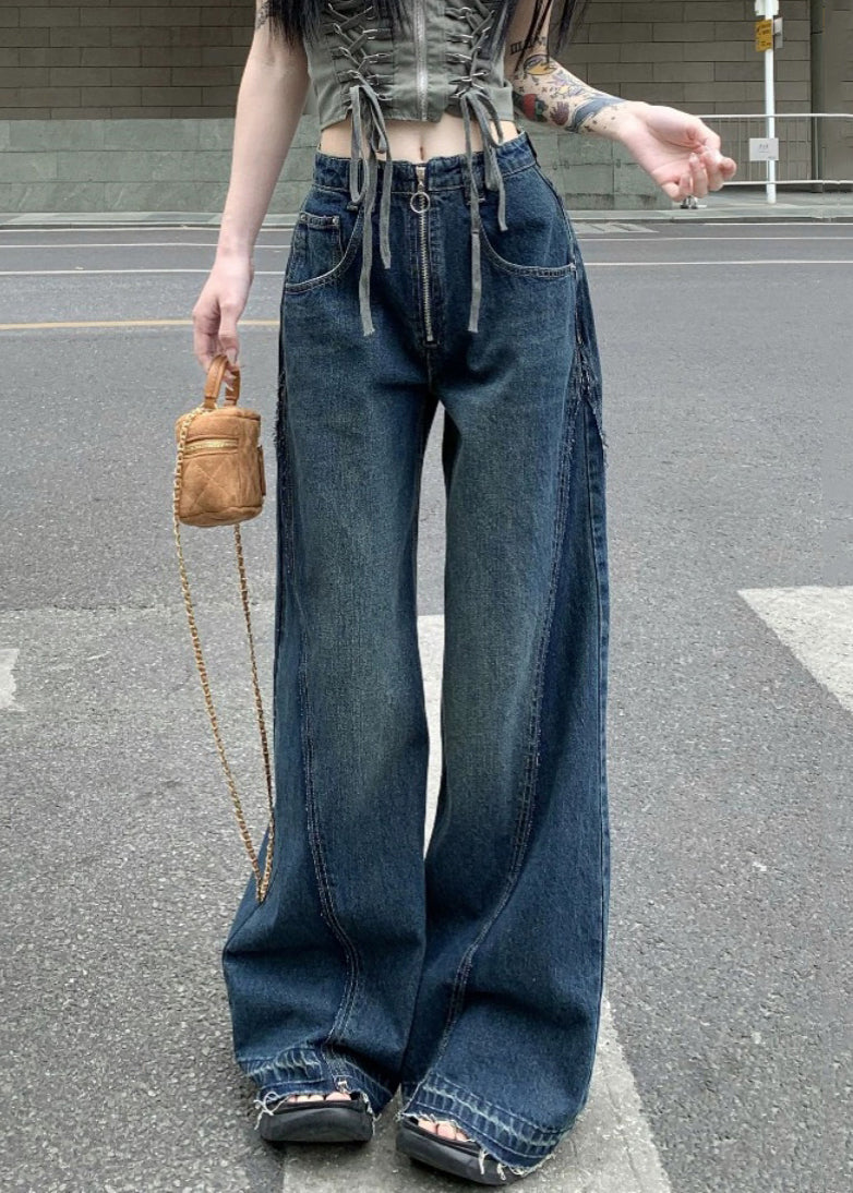 Blue Zip Up Pockets Denim Wide Leg Pants Summer