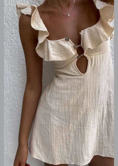 Vogue Beige Ruffled Patchwork Cotton Mini Dress Summer