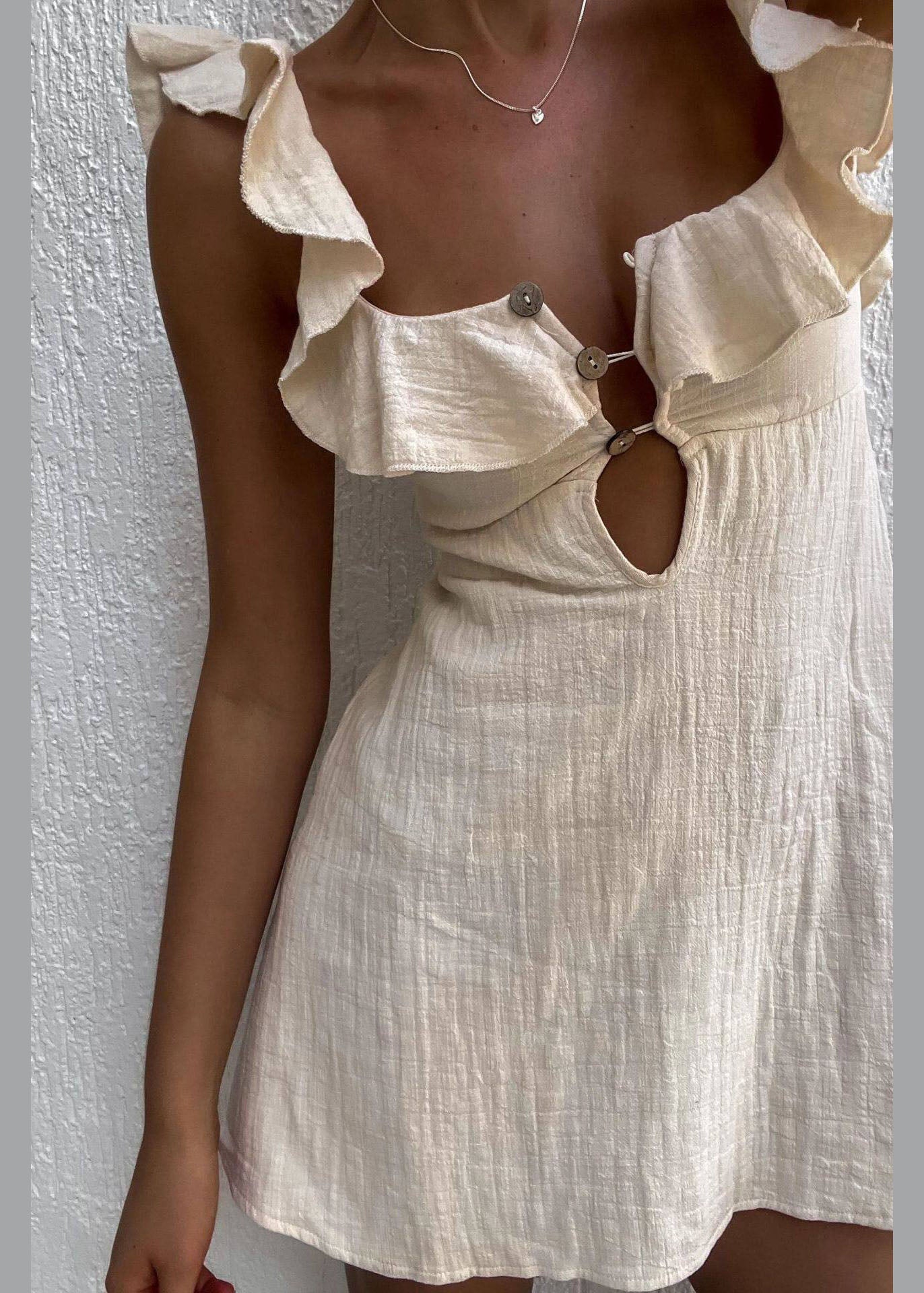 Vogue Beige Ruffled Patchwork Cotton Mini Dress Summer