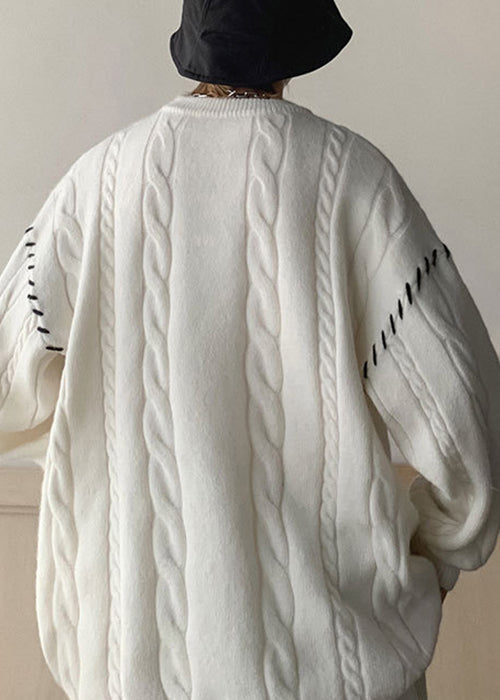 White Print Cozy Cotton Knit Winter Sweaters O Neck