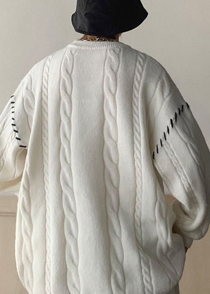 White Print Cozy Cotton Knit Winter Sweaters O Neck