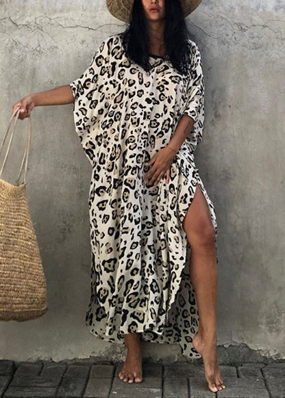 Loose Leopard V Neck Print Side Open Cotton Long Dress Summer