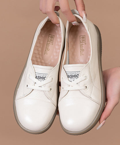 Beige Cowhide Leather Comfy Splicing Flat Shoes