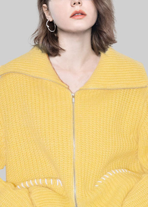 Yellow Peter Pan Collar Zippered Cotton Knit Cardigans Fal