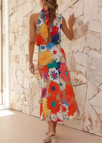 Orange Print Halter Slim Fit Cotton Dresses Sleeveless