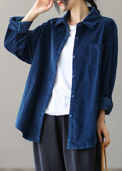 Tibetan Blue Pocket Button Peter Pan Collar Corduroy Blouse Tops Long Sleeve