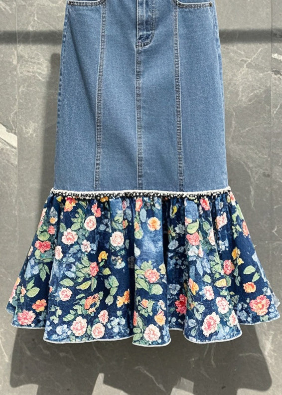 Blue Patchwork Print Denim Wraped Skirt Fall