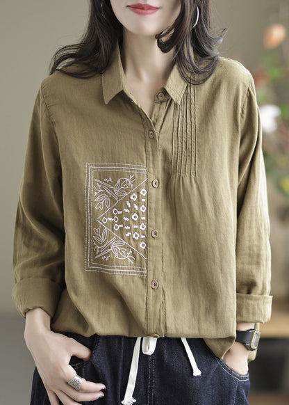 Khaki Lapel Embroidered Wrinkled Linen Shirt Tops Spring