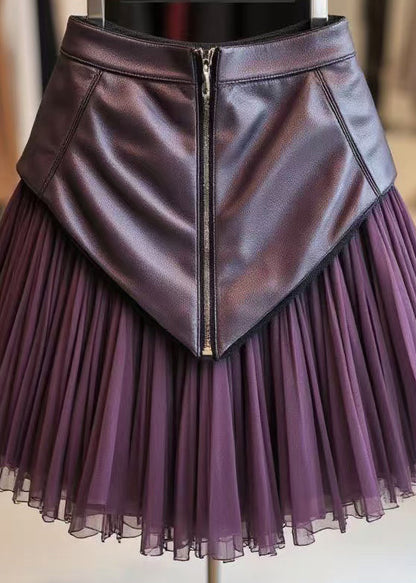 Purple Zippered Wrinkled Tulle Patchwork Skirts Spring
