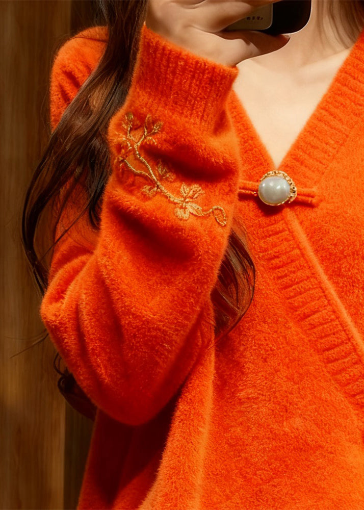 Orange V Neck Thick Cotton Knit Sweater Fall