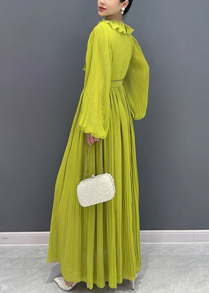 New Green V Neck Wrinkled Cotton Long Dress Fall