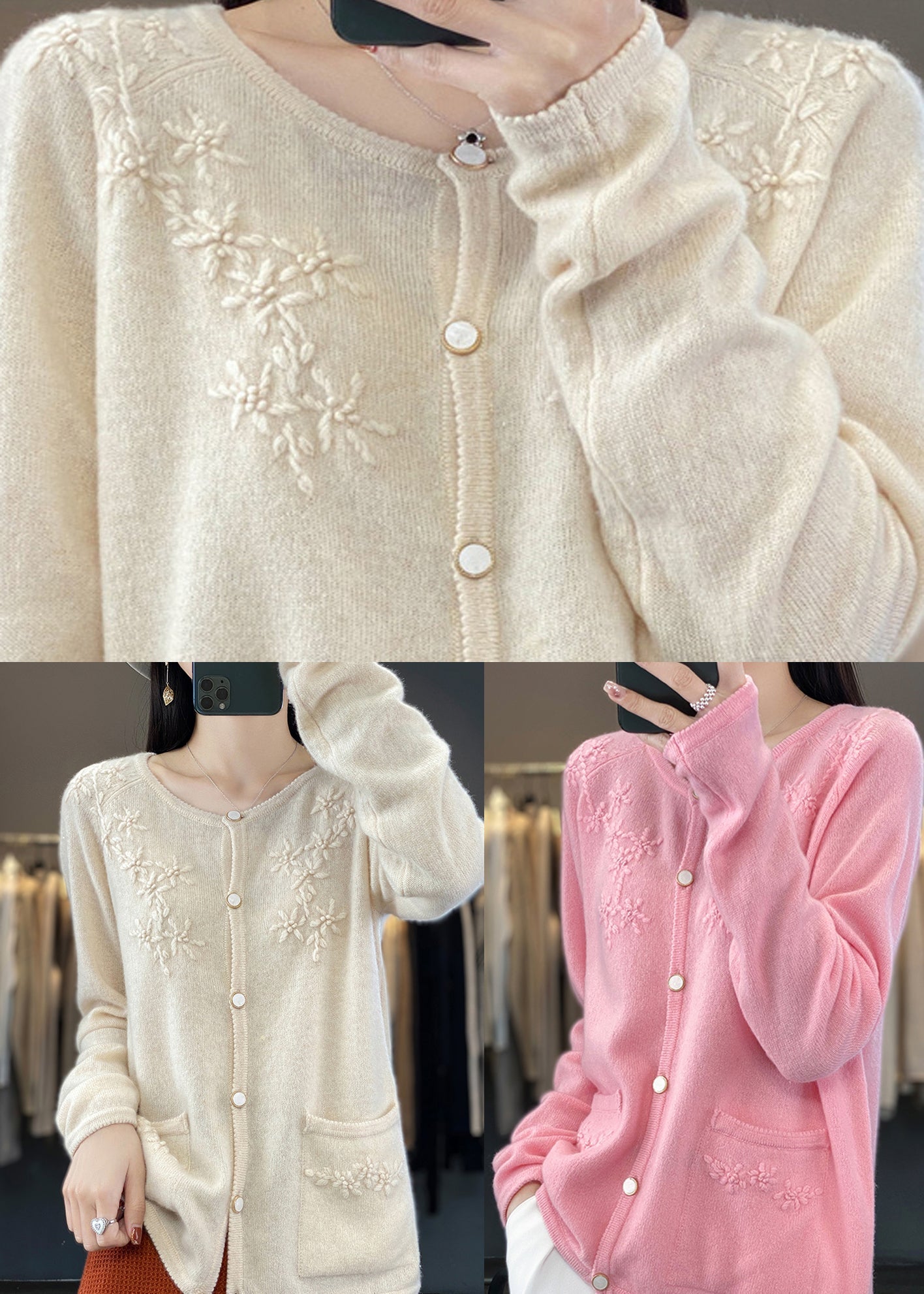 Unique Beige Button Cashmere Knit Cardigan Long Sleeve