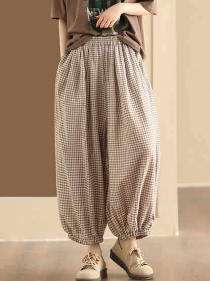 Summer Plaid Cotton Harem Pants