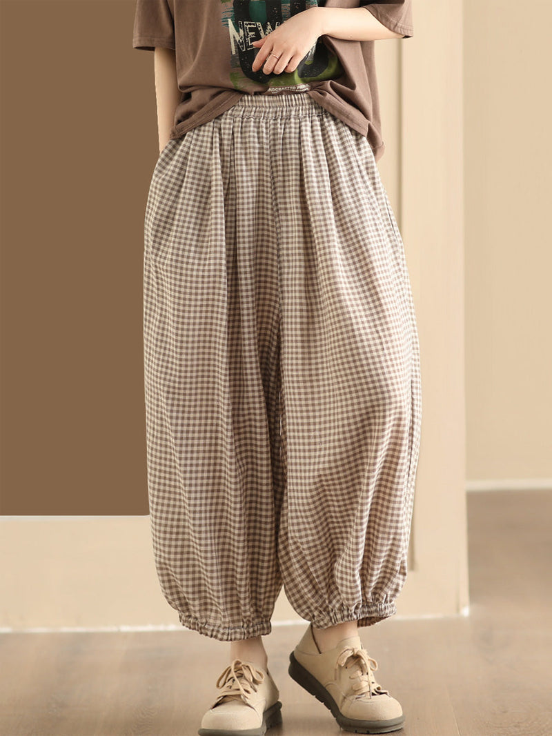 Summer Plaid Cotton Harem Pants