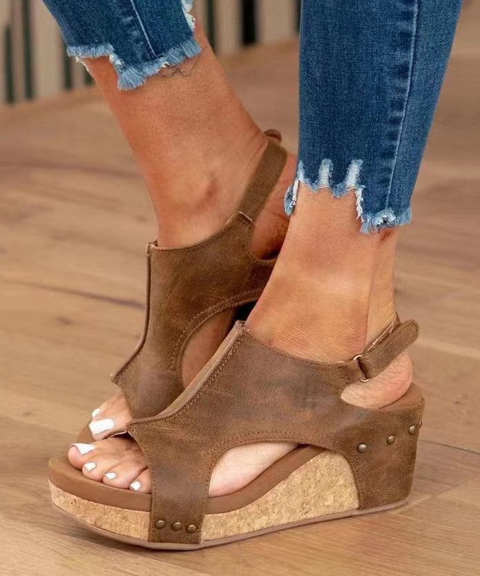 Brown Faux Leather Splicing Wedge Sandals Peep Toe Rivet