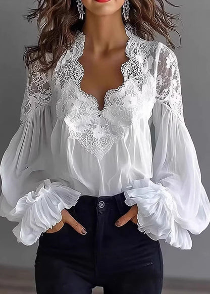 Black Puff Sleeve Lace Patchwork Chiffon Shirt Top