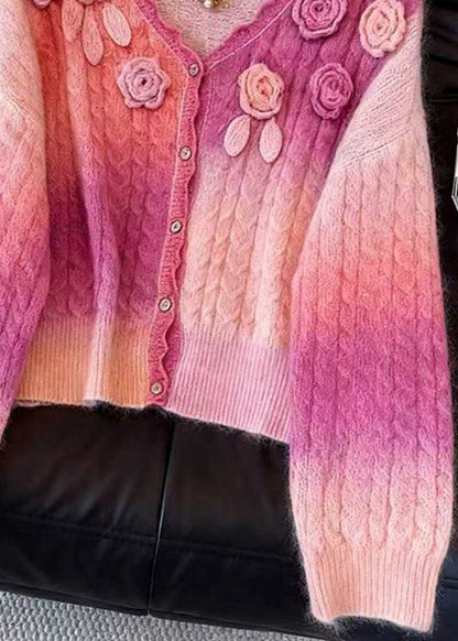 Pink Gradient Color Button Knit Cardigan V Neck Fall