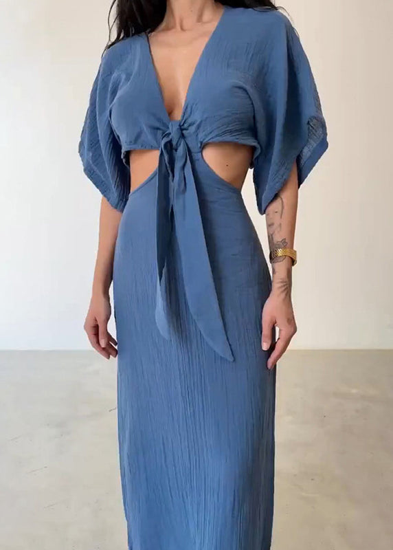 Blue V Neck Hollow Out Cotton Dresses Summer