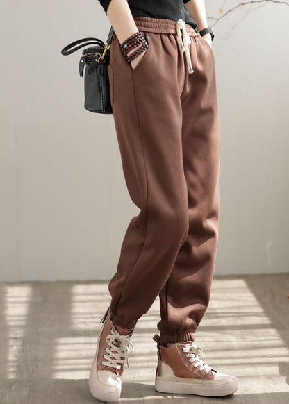 Chocolate Elastic Waist Oversized Warm Fleece Pants Winter