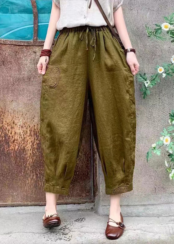 Linen Lace Up Elastic Waist Linen Crop Pants Summer