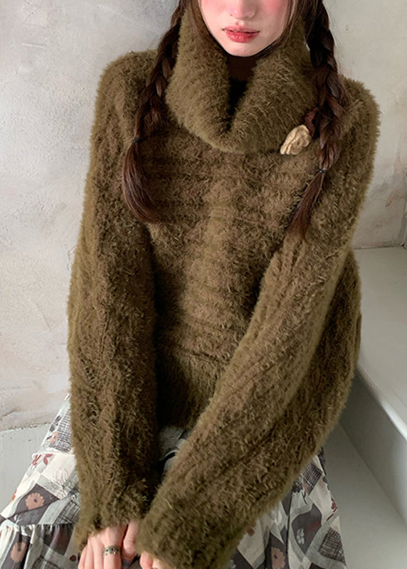 Loose Green Turtleneck Cozy Cotton Knit Sweaters Fall