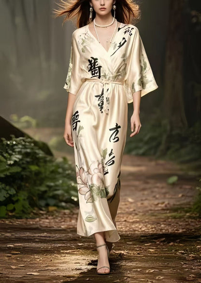 Apricot V Neck Print Draping Silk Long Dress Summer