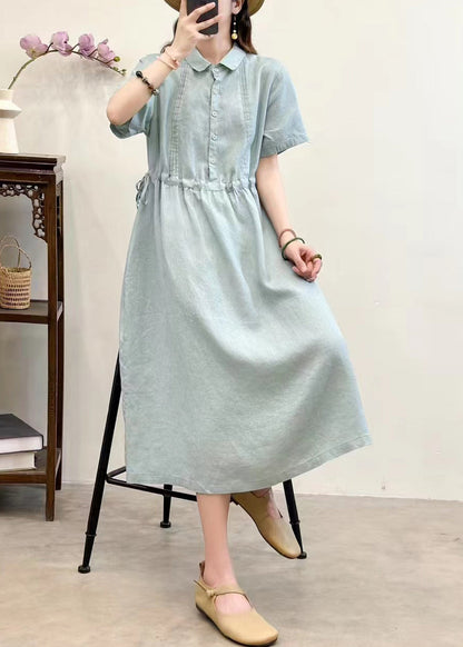 Navy Lace Up Linen Summer Long Dress Peter Pan Collar