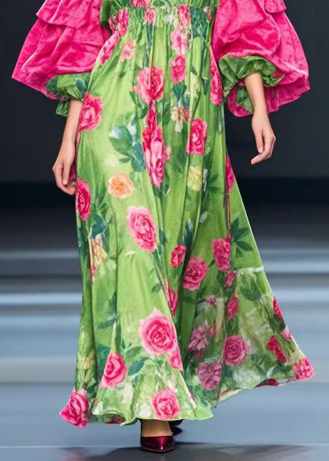 Fine Green Puff Sleeve Silk Velvet Maxi Dresses Fall