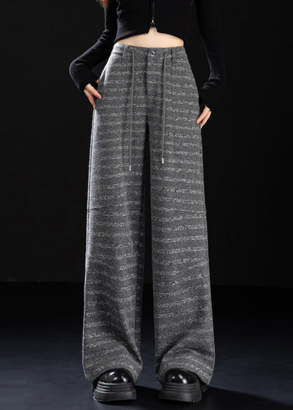 Grey Oversized Striped Woolen Straight Pants Winter