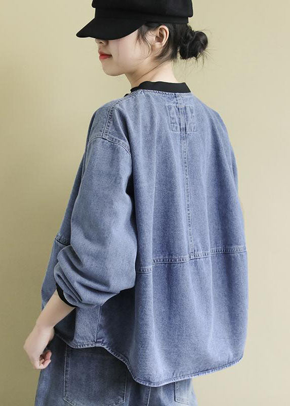 Blue Stand Collar Patchwork Cotton Denim Coats Fall