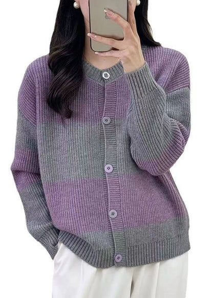 Grey Striped Button Knit Cardigan Fall